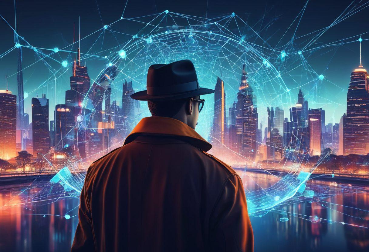 A sophisticated detective with a magnifying glass peering at a sprawling web graph, filled with interconnected search icons, tools, and techniques, over a futuristic cityscape made of data streams. The background should be dynamic, with a sense of digital exploration and discovery. cyberpunk. vibrant colors. semi-realistic.