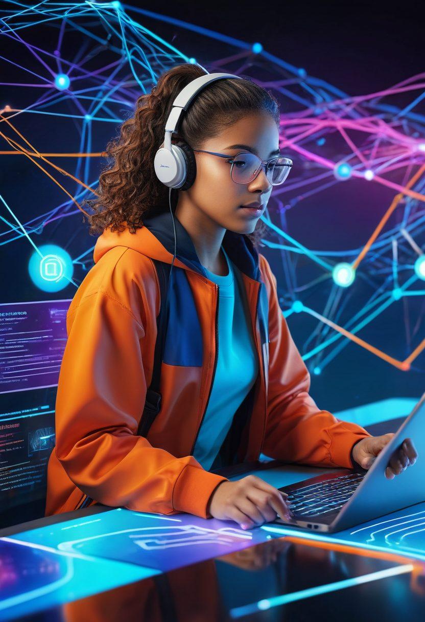 An enthusiastic young person transforming into a confident expert, navigating through a vibrant, interconnected web of diverse websites and digital content. The background features a colorful, dynamic digital landscape with flowing lines and nodes representing knowledge and connectivity. super-realistic. vibrant colors. futuristic design.